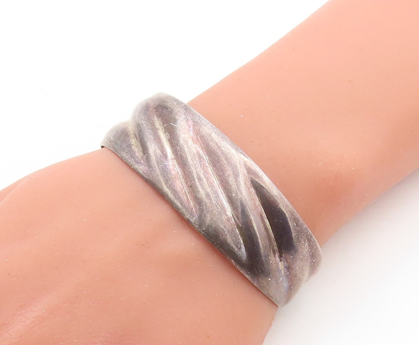 MEXICO 925 Sterling Silver Vintage Dark Tone Fluted Cuff Bracelet BT1452