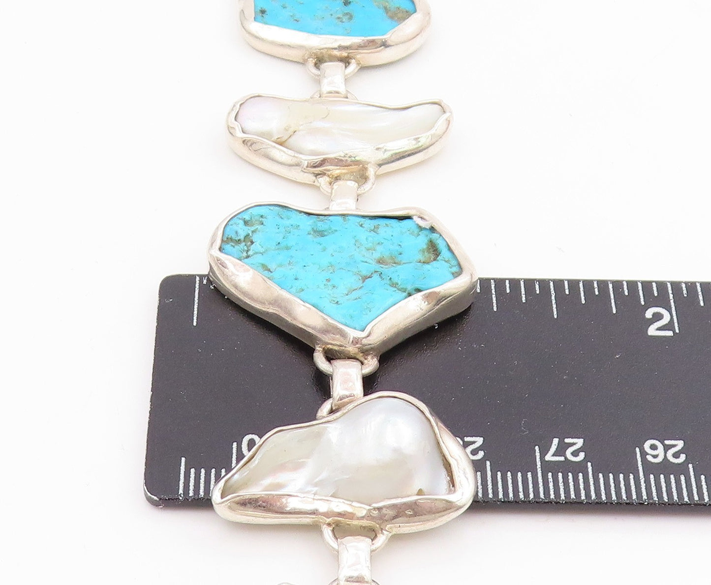 925 Sterling Silver Vintage Bracelet Modernist Pearl & Turquoise Link BT11637