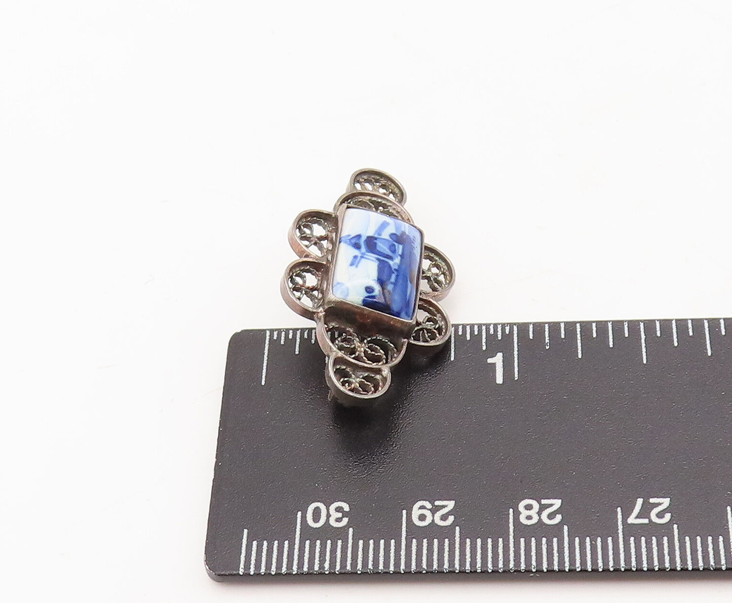 925 Sterling Silver Vintage Brooch Pin Filigree Work & Landscape Photo BP10607