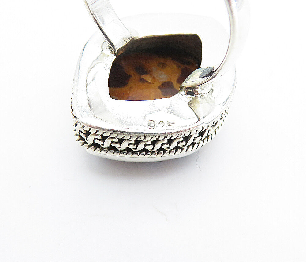 925 Sterling Silver Brown Spotted Jasper Shiny Cocktail Ring Sz 7.5 RG7781