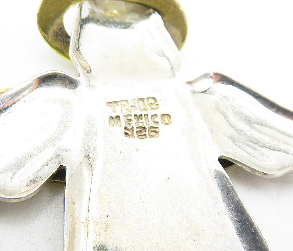 MEXICO 925 Sterling Silver Vintage Shiny Two Tone Angel Motif Pendant PT3466