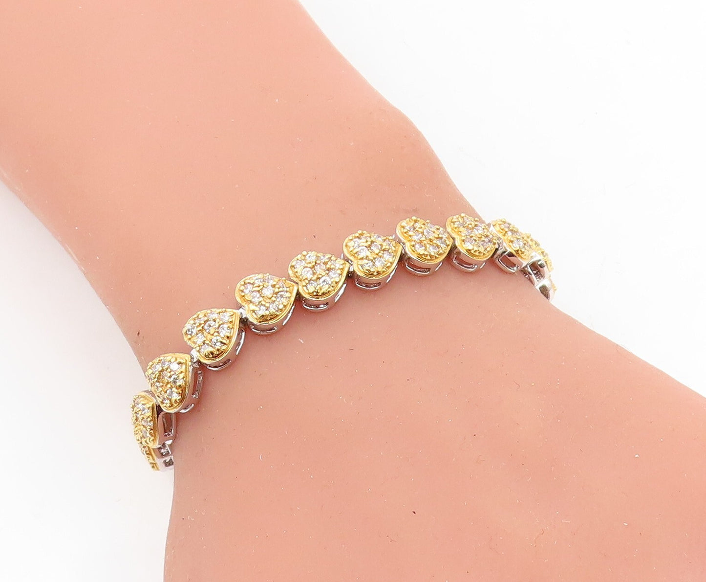 925 Sterling Silver Topaz Two Tone Love Heart Link Chain Bracelet BT2616