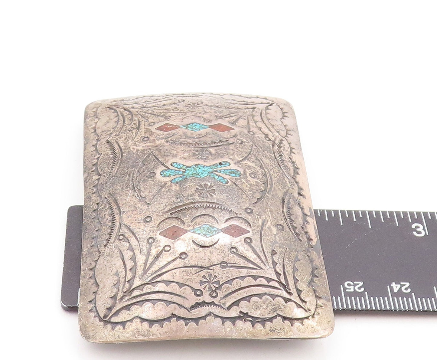 925 Sterling Silver Vintage Belt Buckle NAVAJO ZUNI Crush Turquoise TR3781