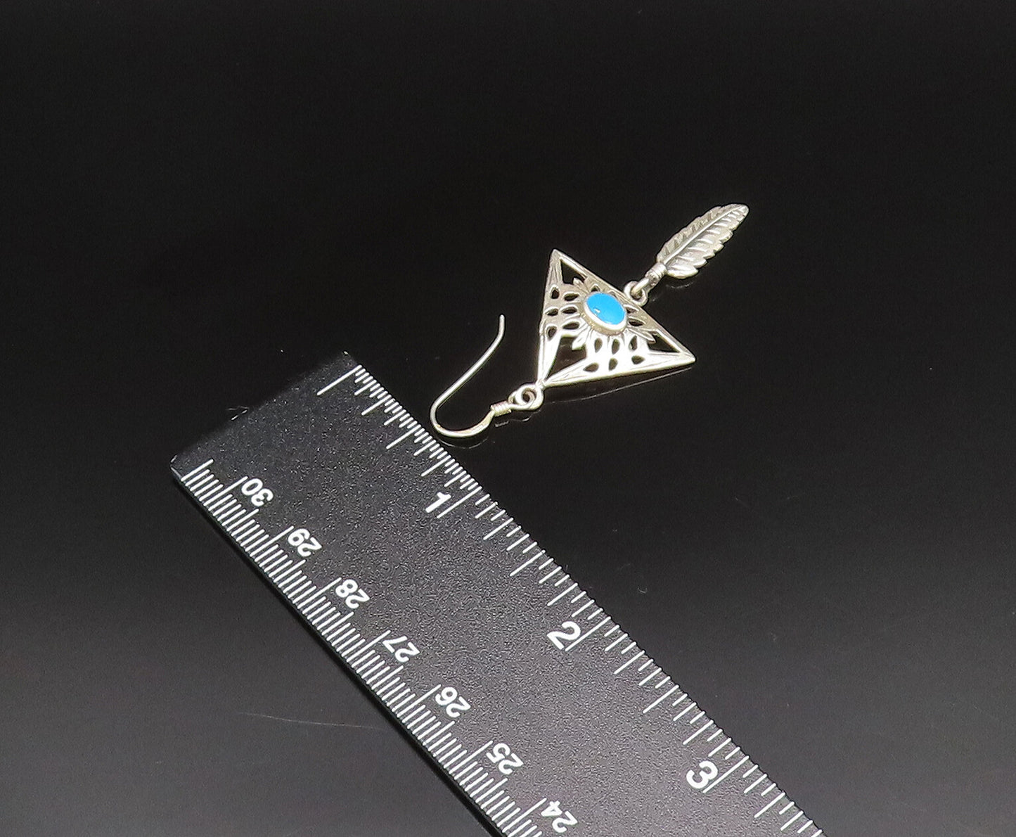 925 Silver Vintage Open Floral Turquoise Triangle & Feather Earrings EG11931