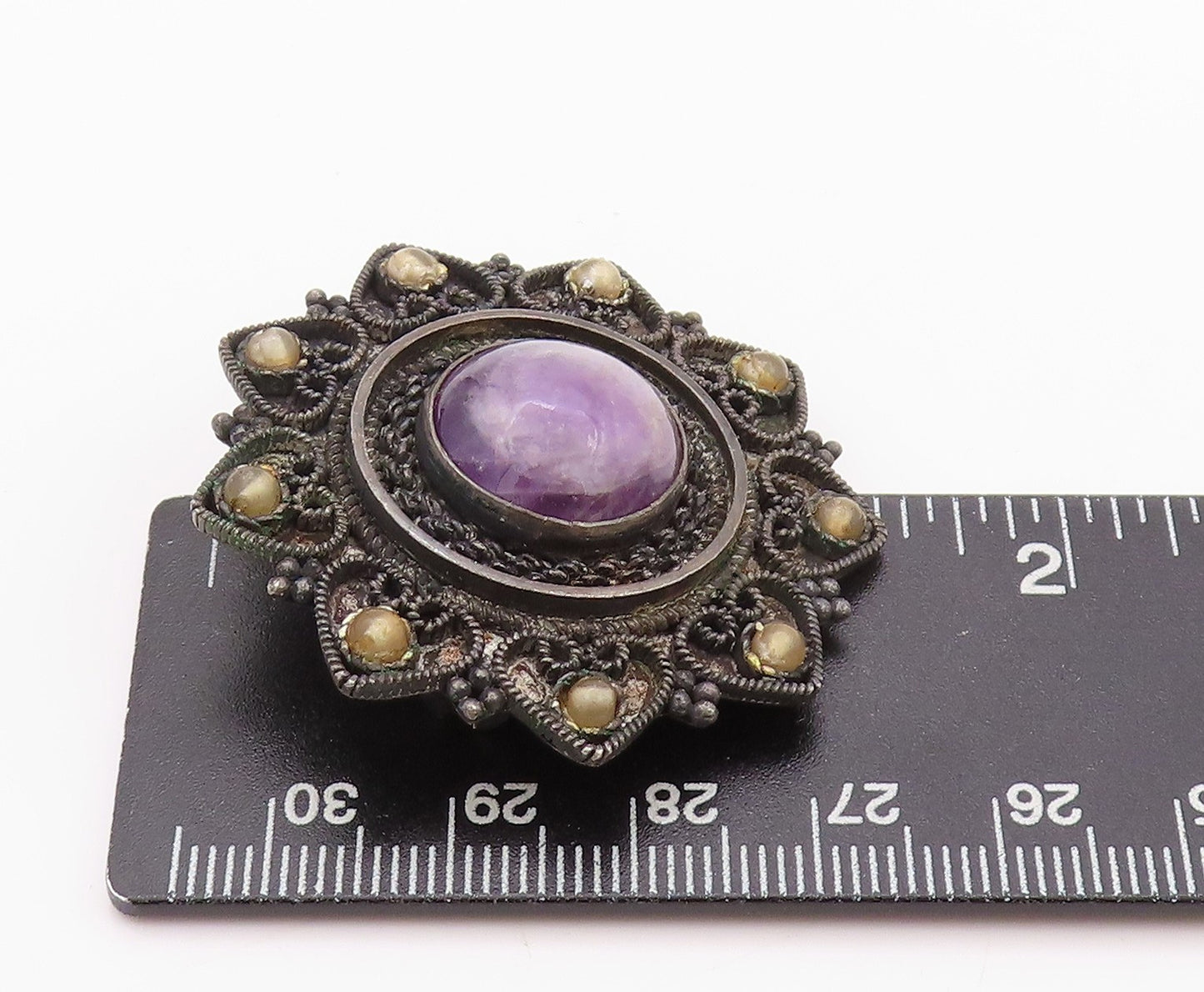 925 Sterling Silver Vintage Brooch Pin ISRAEL Antique Amethyst Gemstone BP11565