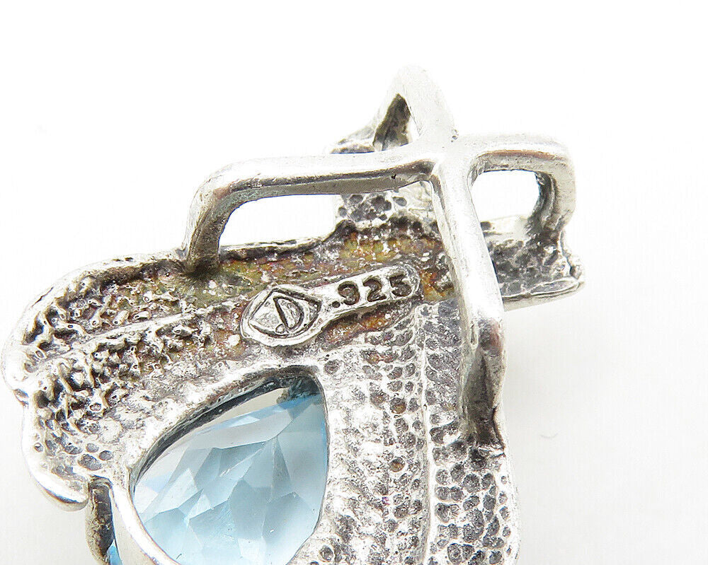 925 Sterling Silver Tear Drop Blue Topaz Shiny Ribbon Pendant PT13880