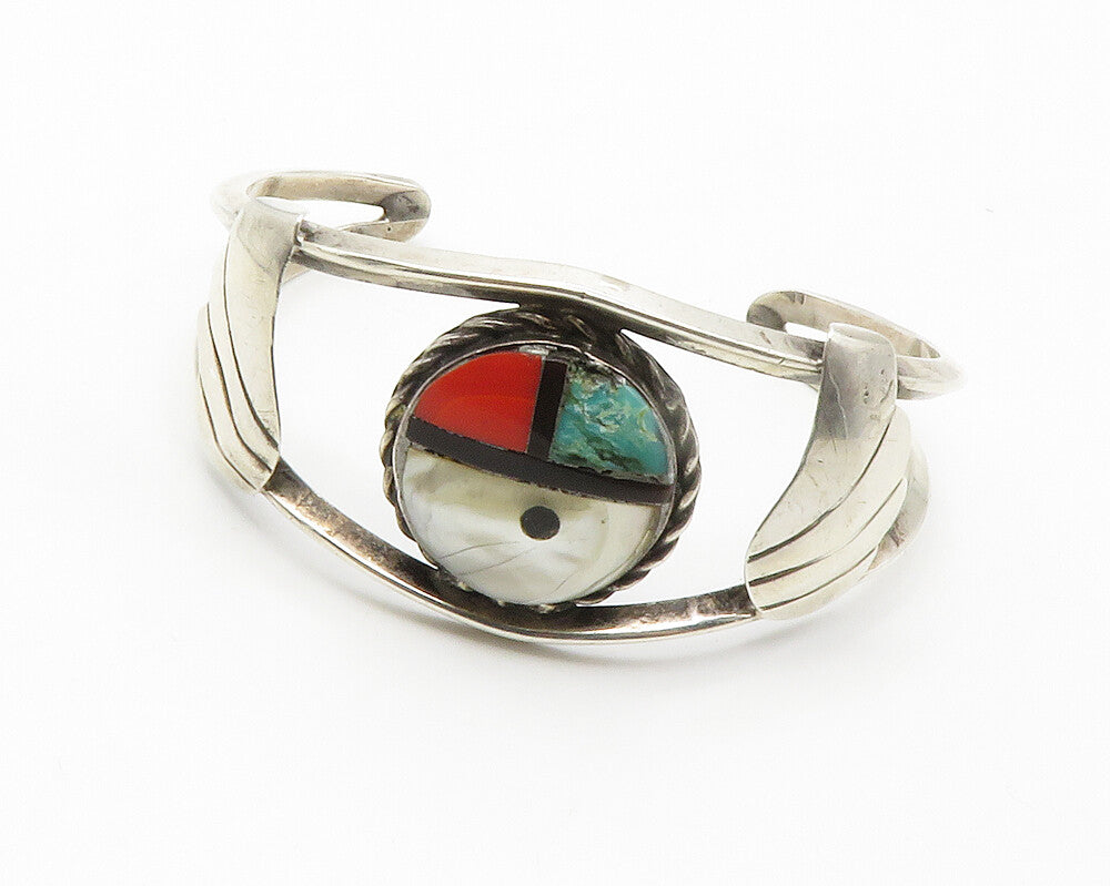 ZUNI 925 Silver Vintage Mother Of Pearl & Turquoise Cuff Bracelet BT5483