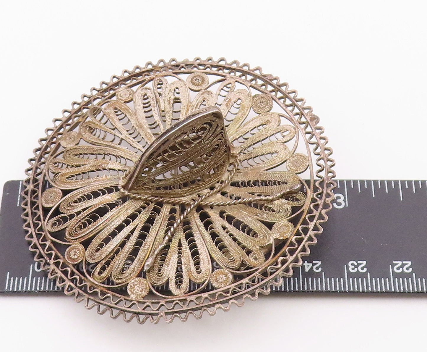 MEXICO 925 Silver Vintage Antique Filigree Heavy Sombrero Brooch Pin BP8080