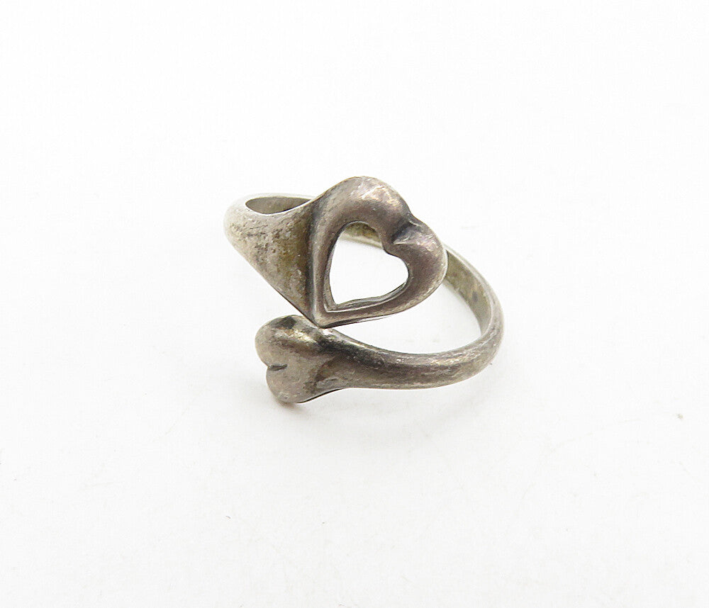 925 Sterling Silver Vintage Dark Tone Love Heart Bypass Ring Sz 4 RG8824
