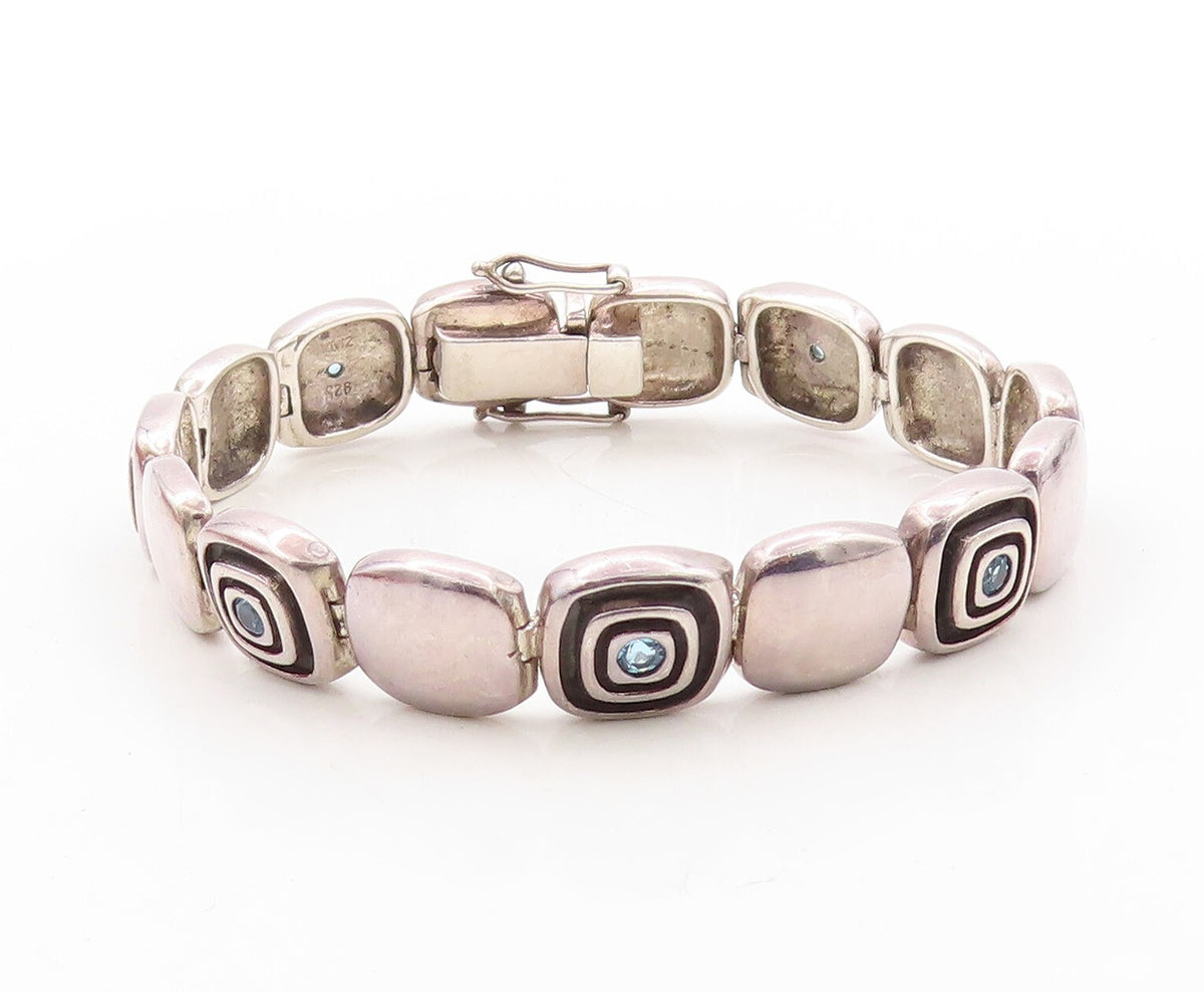 925 Sterling Silver Vintage Bracelet Solid Square Cutout Blue Topaz BT10890