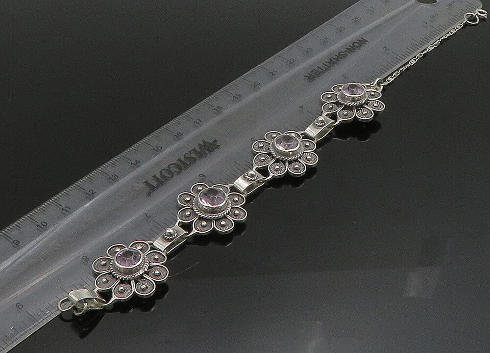 925 Sterling Silver Vintage Amethyst Flower Motif Chain Bracelet BT9080