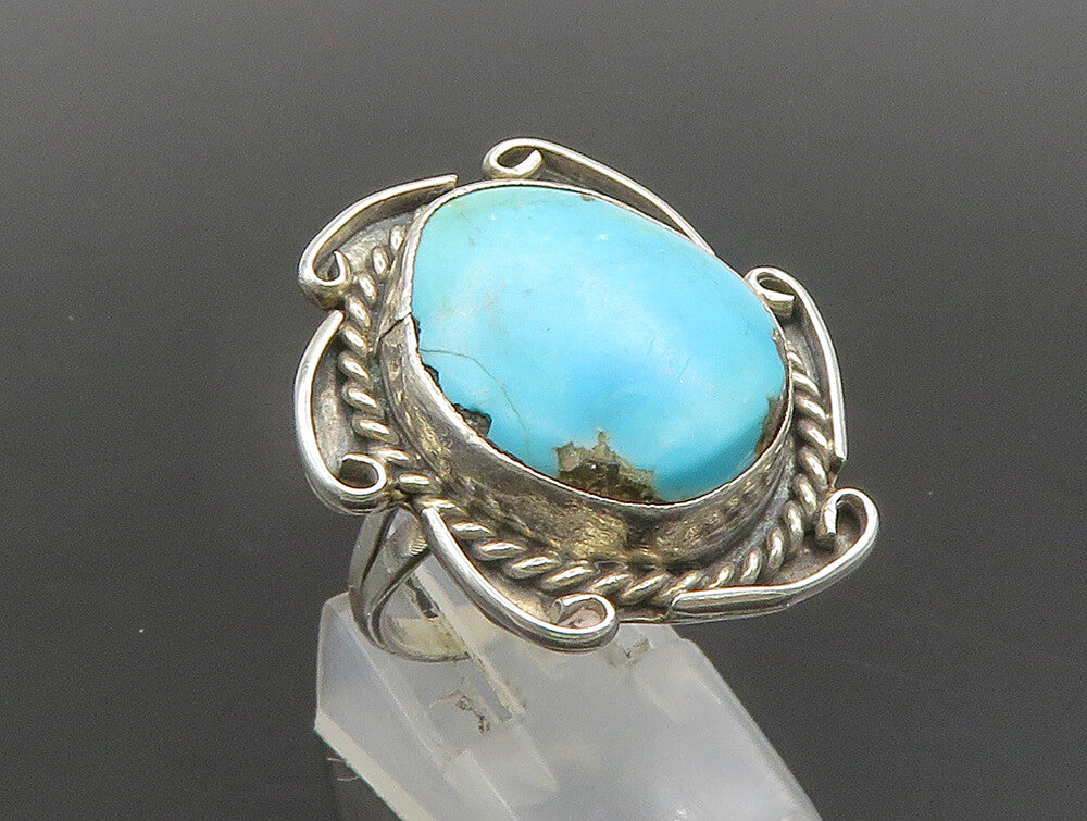 SOUTHWESTERN 925 Silver Vintage Twisted Rope Turquoise Ring Sz 8 RG24403