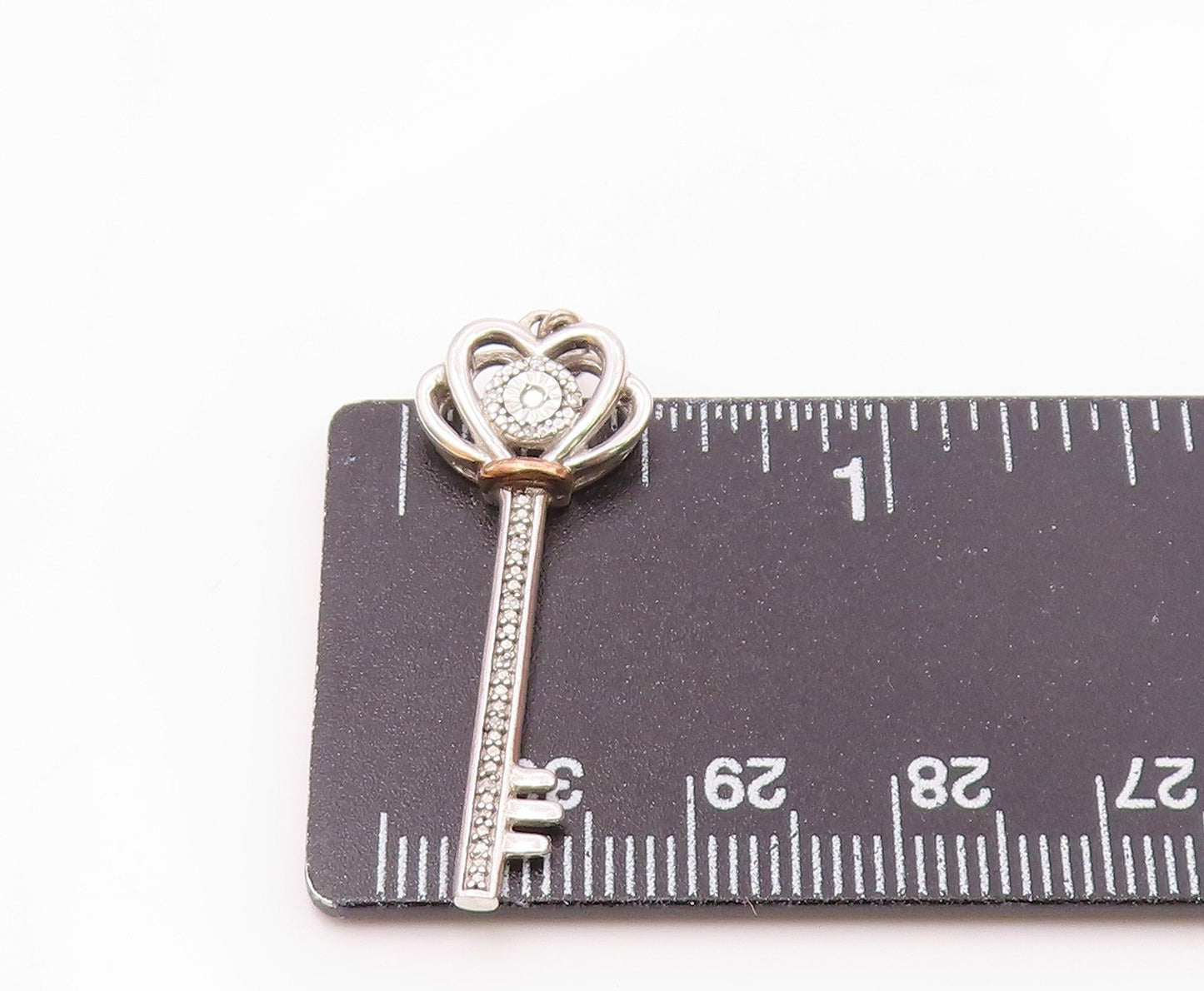10K GOLD & 925 Silver Vintage Two Tone Genuine Diamond Key Pendant PT21168