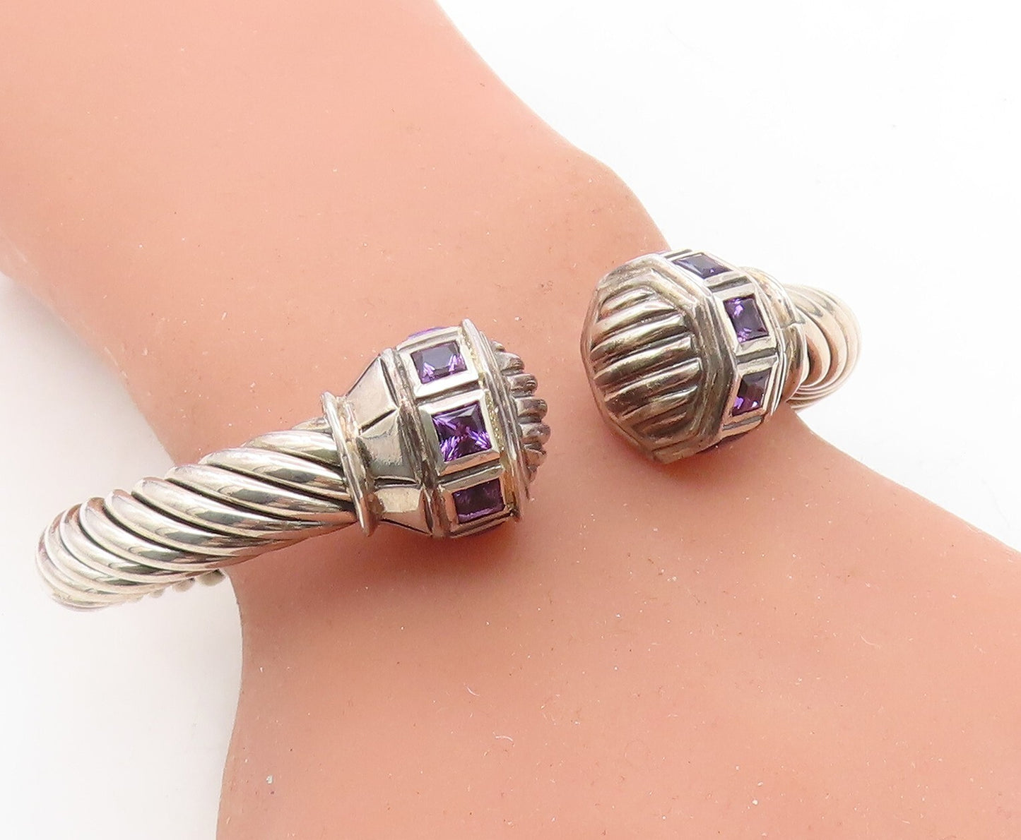 FLLI MENEGATTI 925 Silver Vintage Amethyst Twist Hinge Cuff Bracelet BT3158