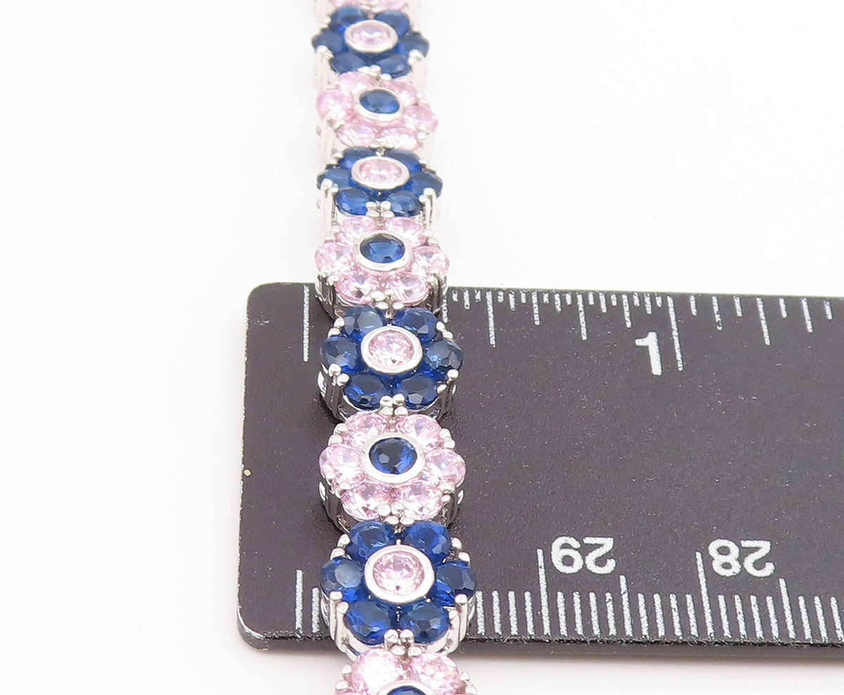 925 Sterling Silver Vintage Necklace Pink & Blue Topaz Floral Link Chain NE4813