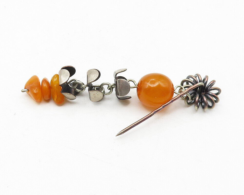 925 Sterling Silver Vintage Amber Floral Beaded Dangling Sweater Pin TR1829