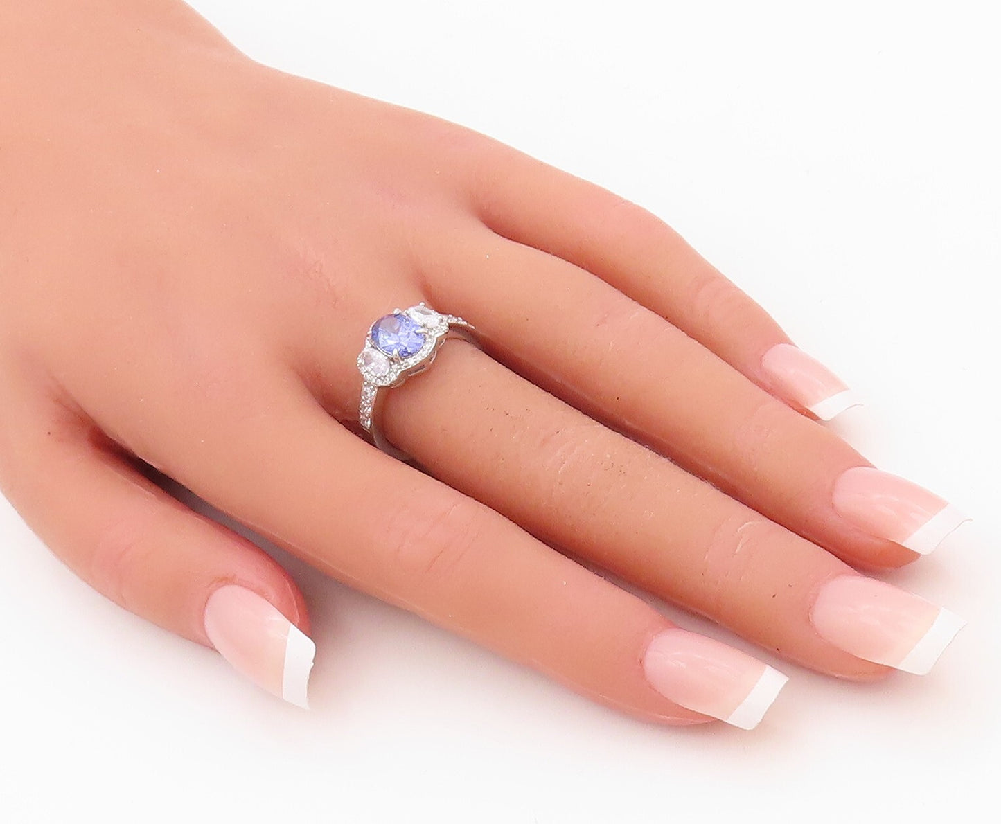 925 Sterling Silver Vintage Ring Oval Cut Sapphire Halo CZ Band Sz 7 RG30459
