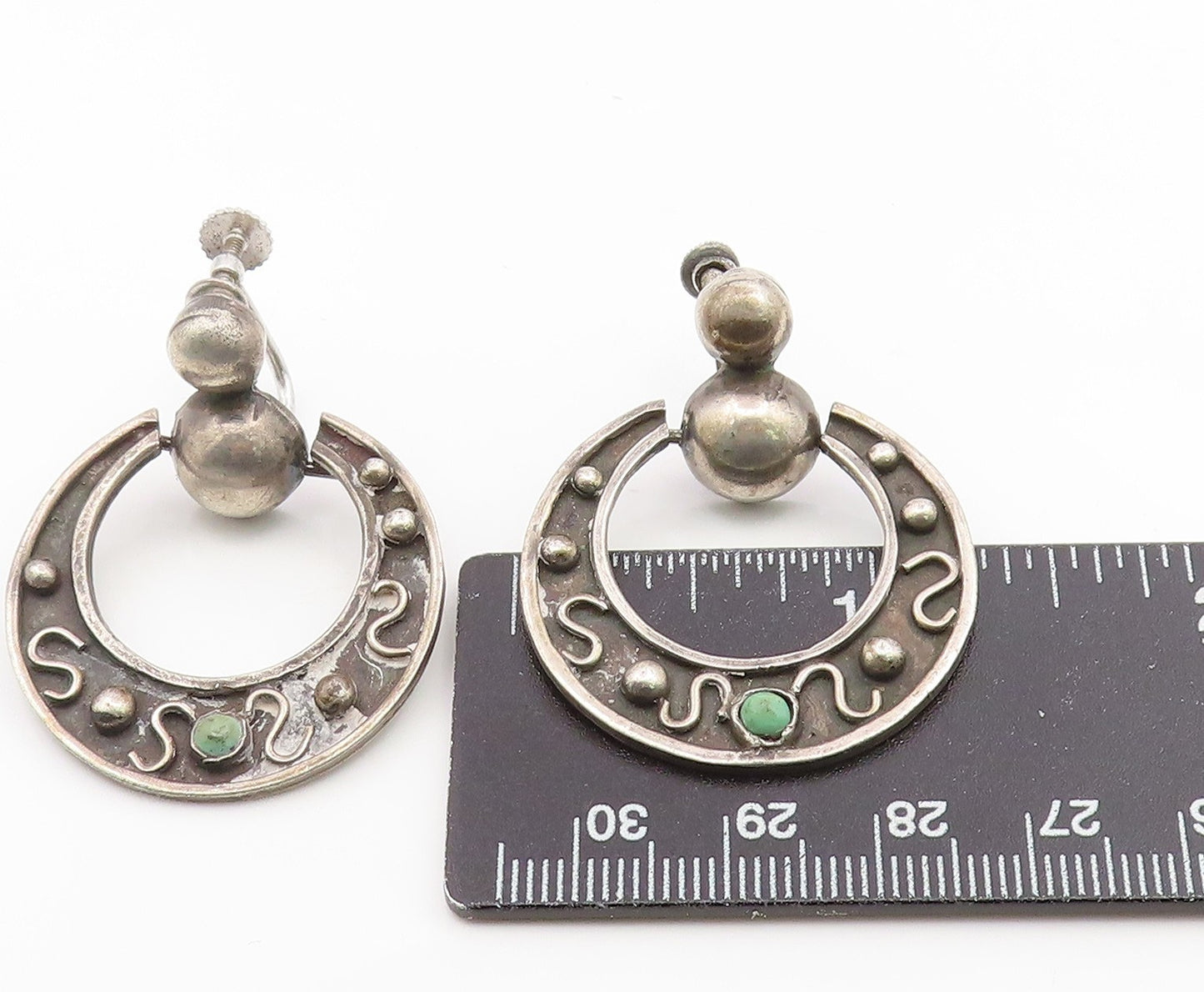 925 Sterling Silver Vintage Earrings MEXICO Turquoise Screw Back Drop EG14189