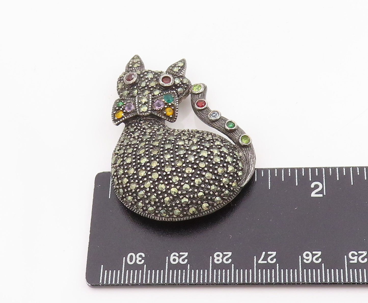 925 Sterling Silver Vintage Brooch Multi Gemstone Cat With Bowtie Pin BP11999