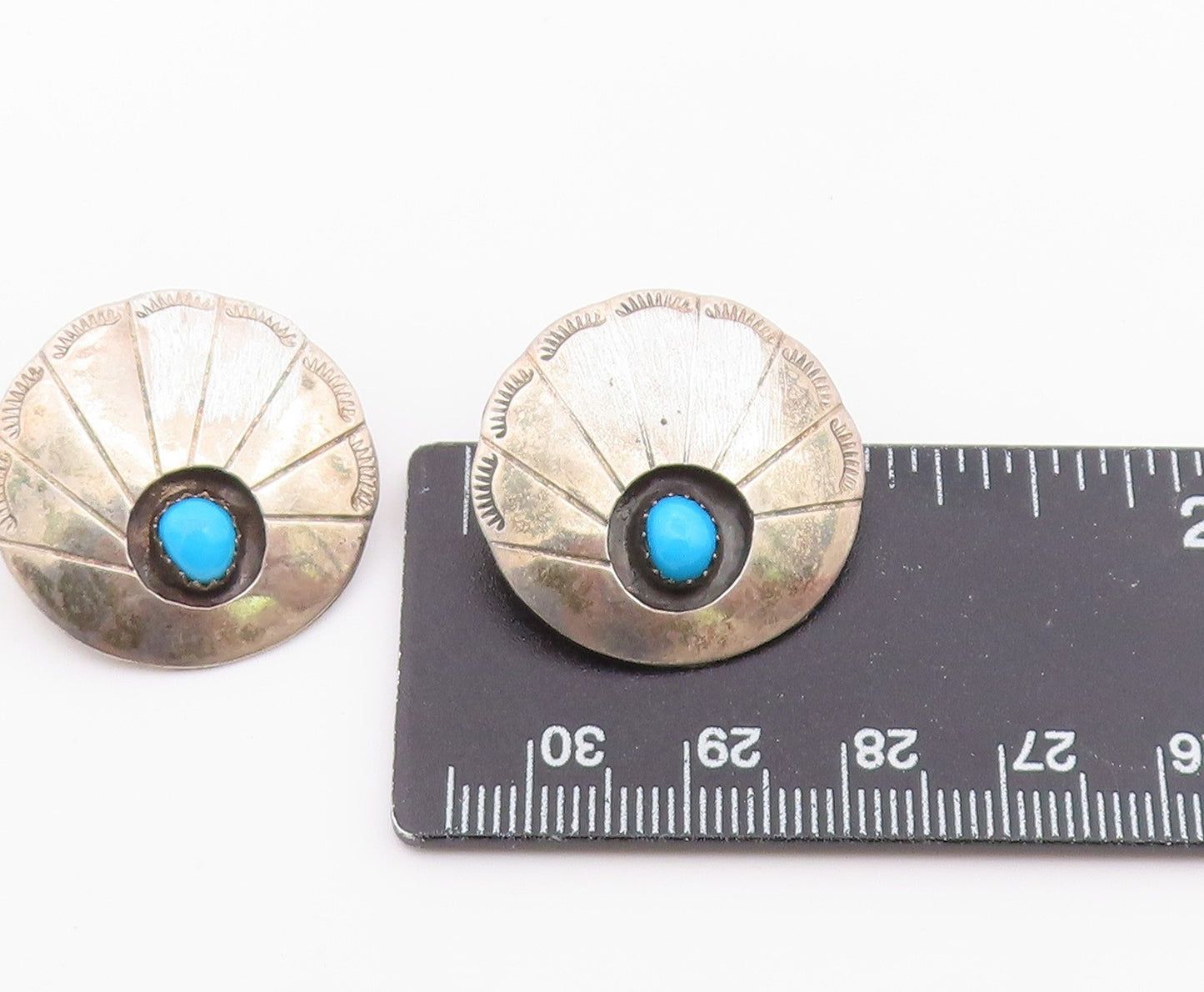 925 Sterling Silver Vintage Earrings NAVAJO Turquoise Concho Clip On EG14433
