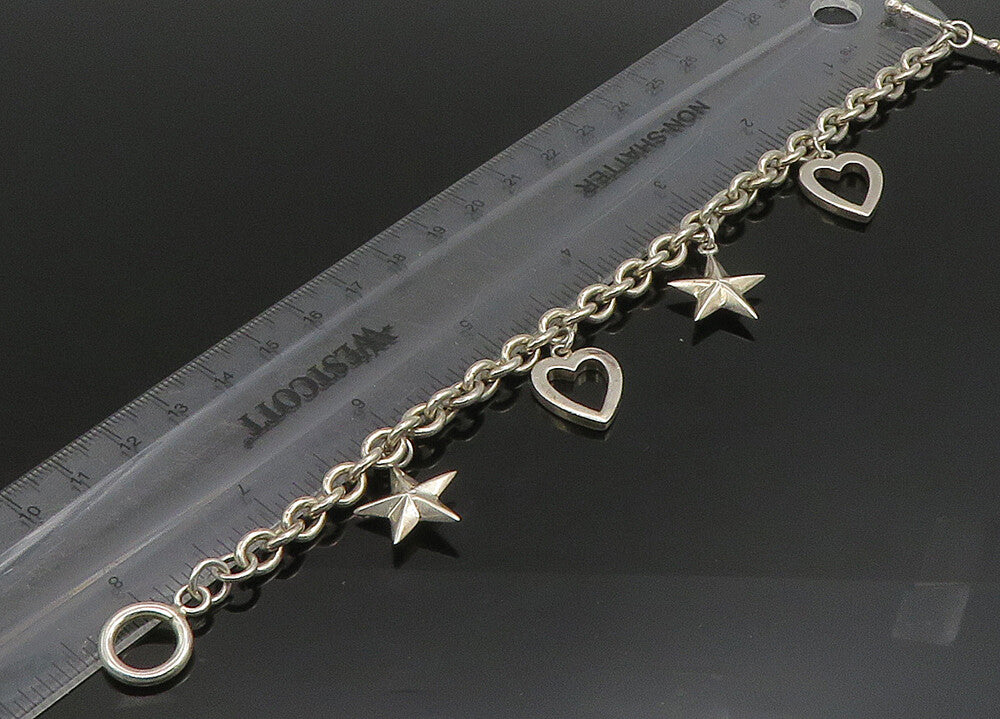 925 Sterling Silver Vintage Shiny Love Heart & Stars Chain Bracelet BT9070