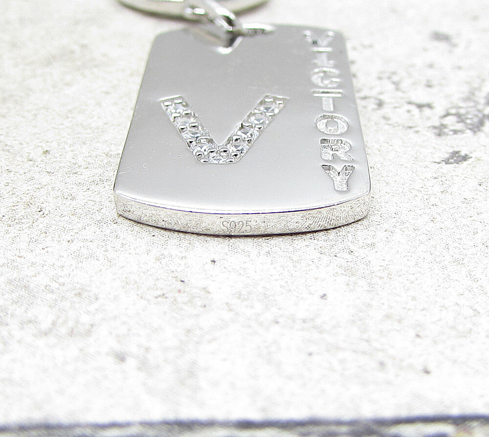 925 Sterling Silver Cubic Zirconia Peace & Victory Tag Drop Pendant PT1368