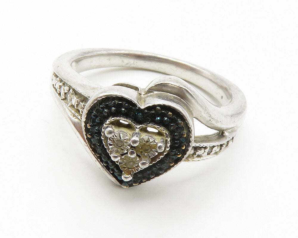 925 Silver Vintage Genuine Blue & White Diamonds Band Ring Sz 6.5 RG14487