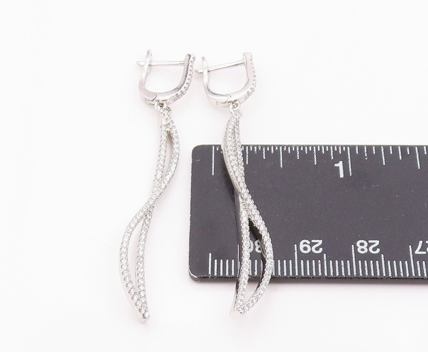 925 Sterling Silver Vintage Earrings CZ Pave Modernist Twisted Dangle EG14228