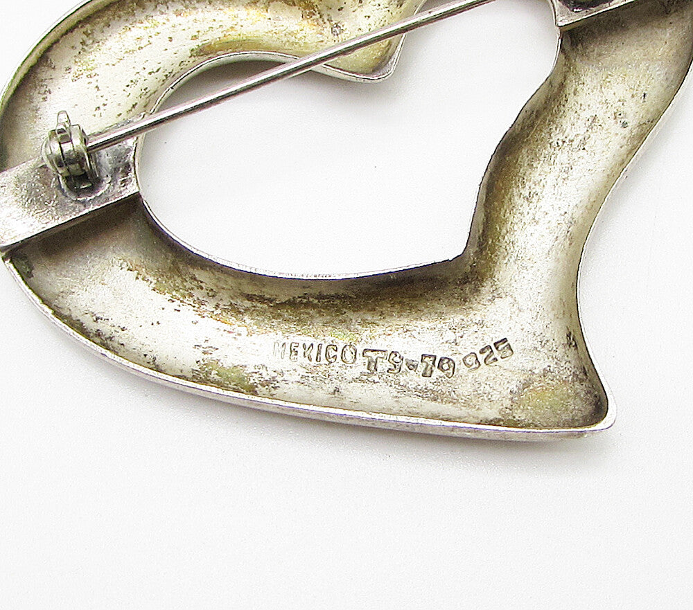 MEXICO 925 Sterling Silver Vintage Cut Out Love Heart Brooch Pin BP1017
