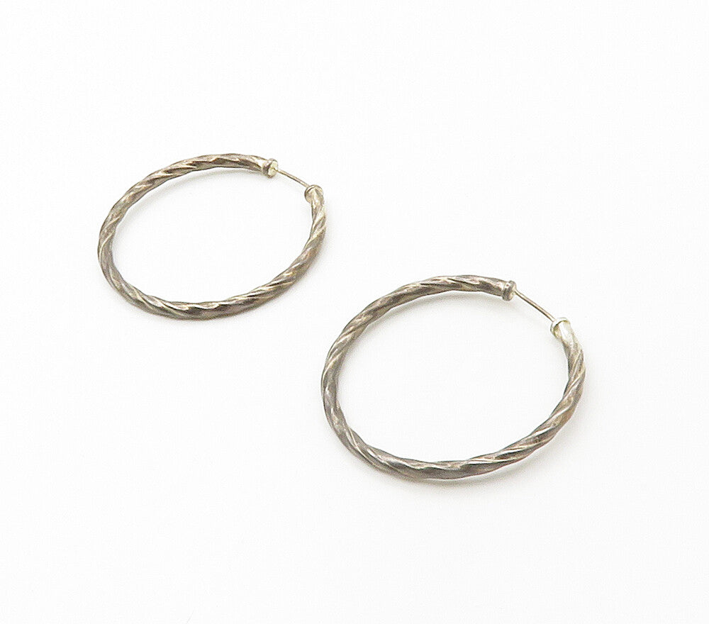 925 Sterling Silver Vintage Dark Tone Round Twist Hoop Earrings EG8519