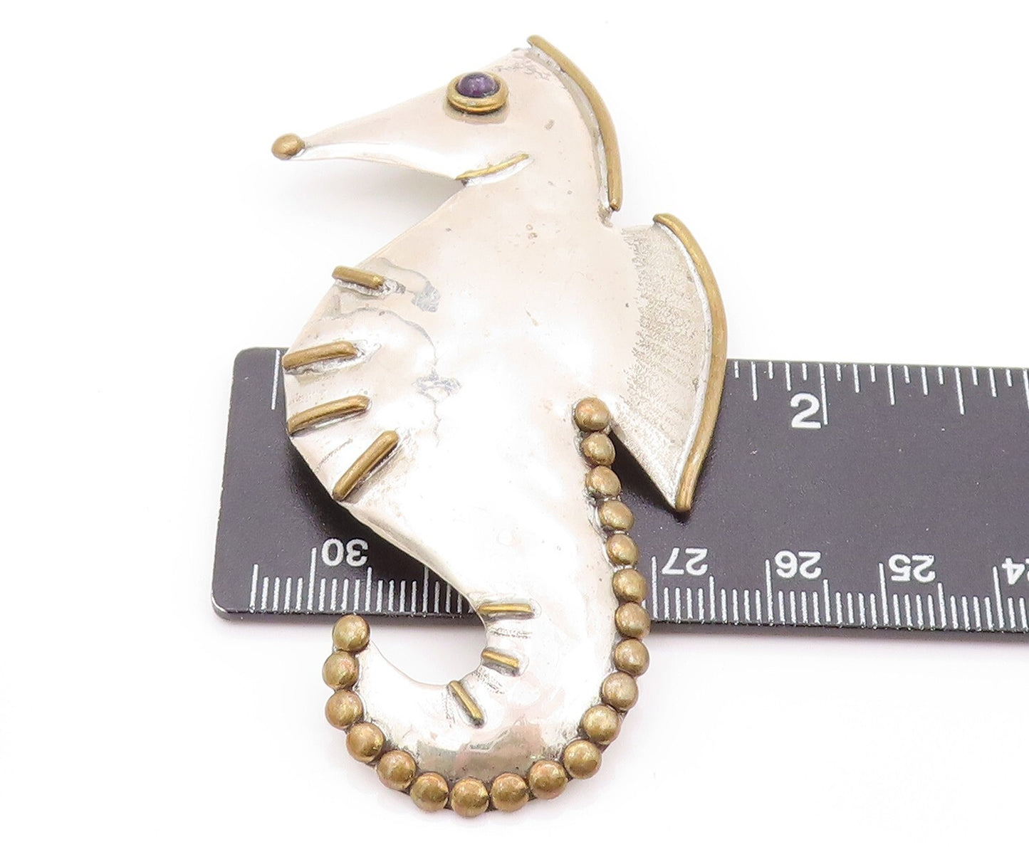925 Sterling Silver Vintage Brooch LOUIS BOOTH Amethyst Eyed Sea Horse BP11534