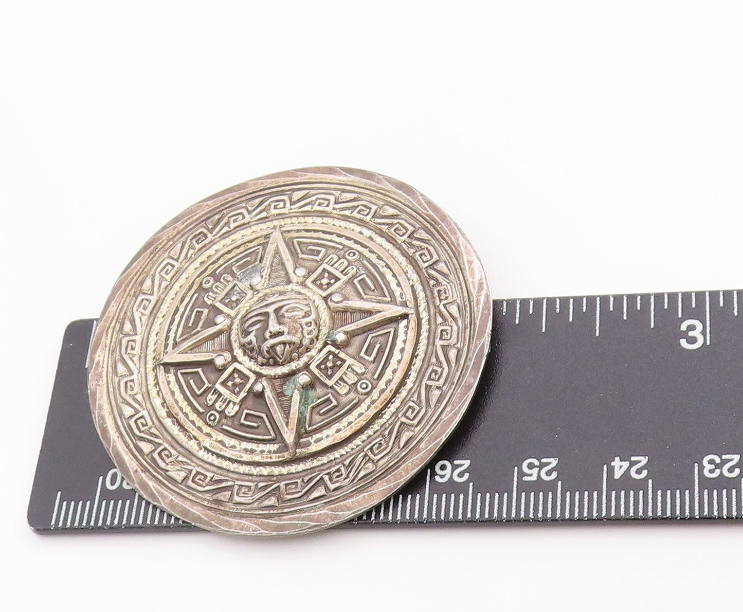 925 Sterling Silver Vintage Brooch MEXICO Circular Aztec Mayan Calendar BP11814