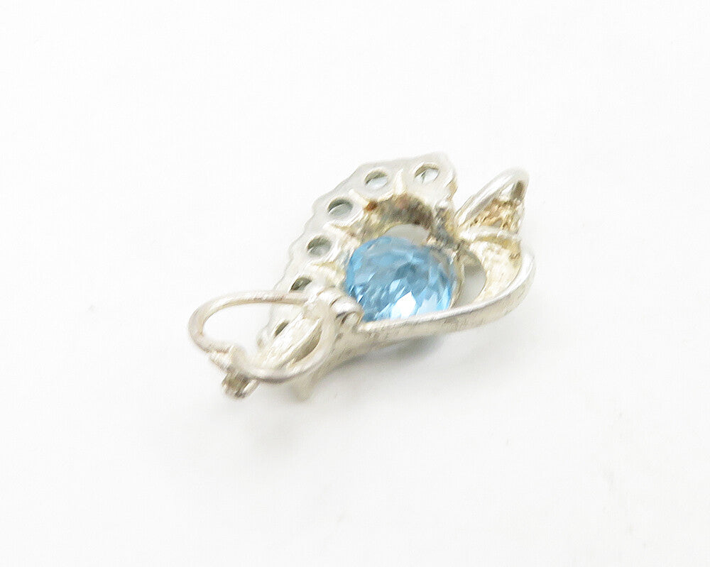 925 Sterling Silver Vintage Caged Blue Topaz Love Heart Pendant PT15029