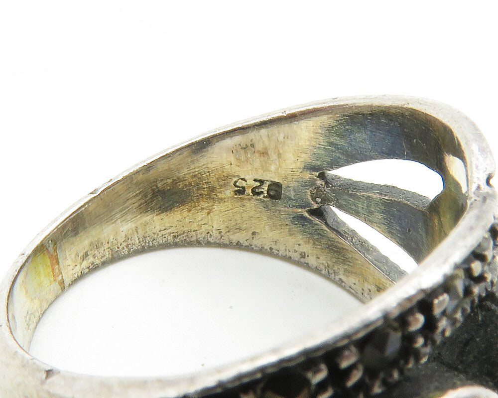 925 Sterling Silver Vintage Mother Of Pearl & Onyx Band Ring Sz 6 RG13676