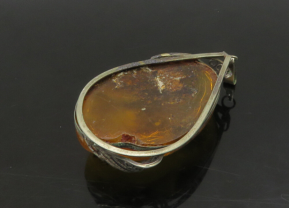 925 Sterling Silver Vintage Cabochon Cut Tear Drop Amber Pendant PT18778
