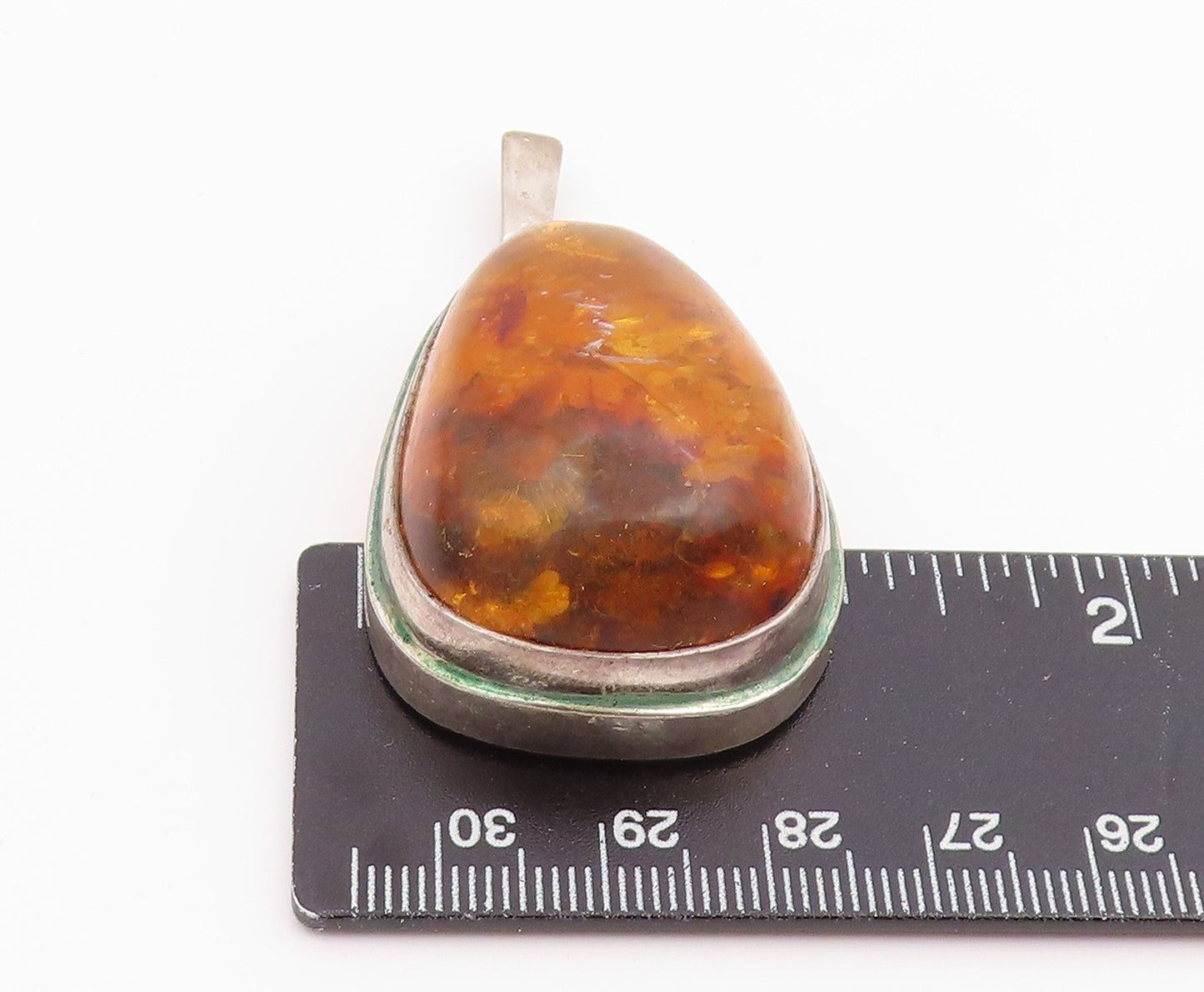925 Sterling Silver Vintage Pendant Cabochon Honey Amber Solid Teardrop PT26037