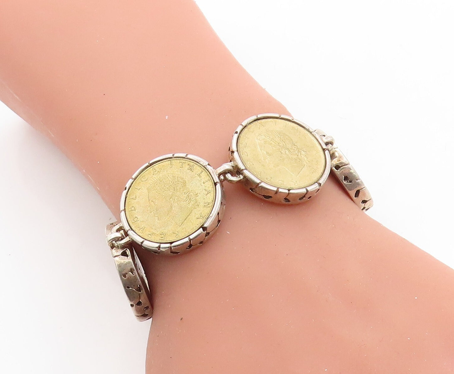 925 Sterling Silver Vintage Two Tone Italian Coin Link Chain Bracelet BT2537