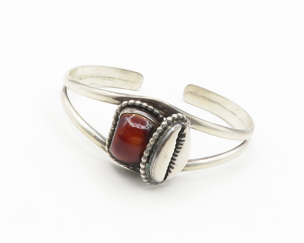 925 Sterling Silver Vintage Red Stone & Cowrie Split Cuff Bracelet BT5687