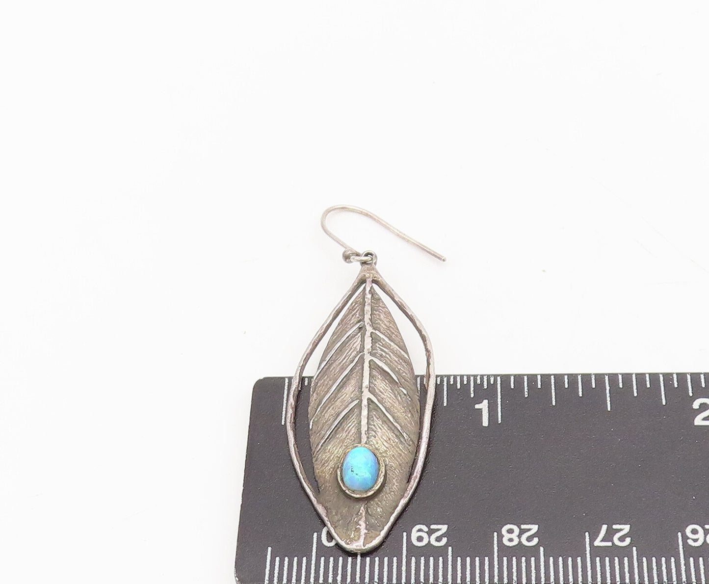 ISRAEL 925 Silver Vintage Modernist Carved Leaf Fire Opal Earrings EG12595