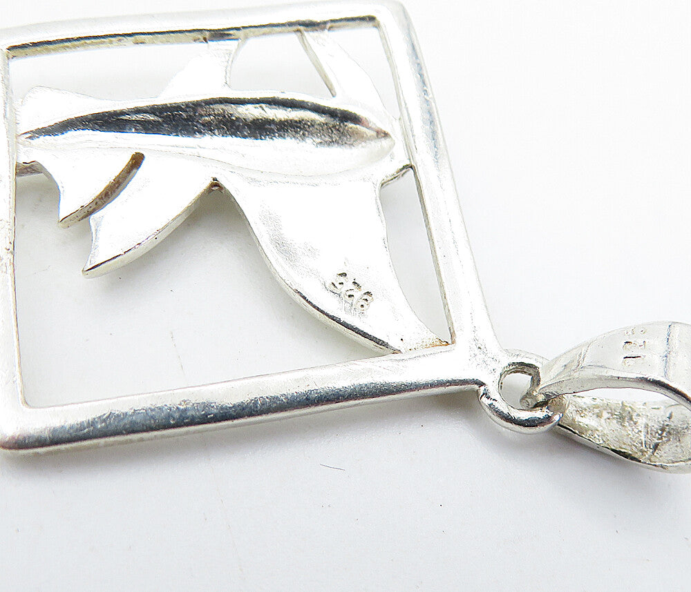 925 Sterling Silver Vintage Shiny Fish Motif Open Square Drop Pendant PT4911
