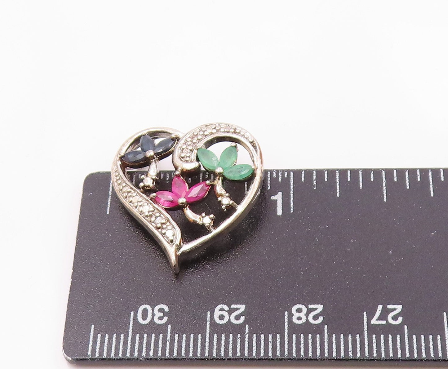 925 Silver Vintage Sapphire Ruby & Emerald Floral Love Heart Pendant PT20988