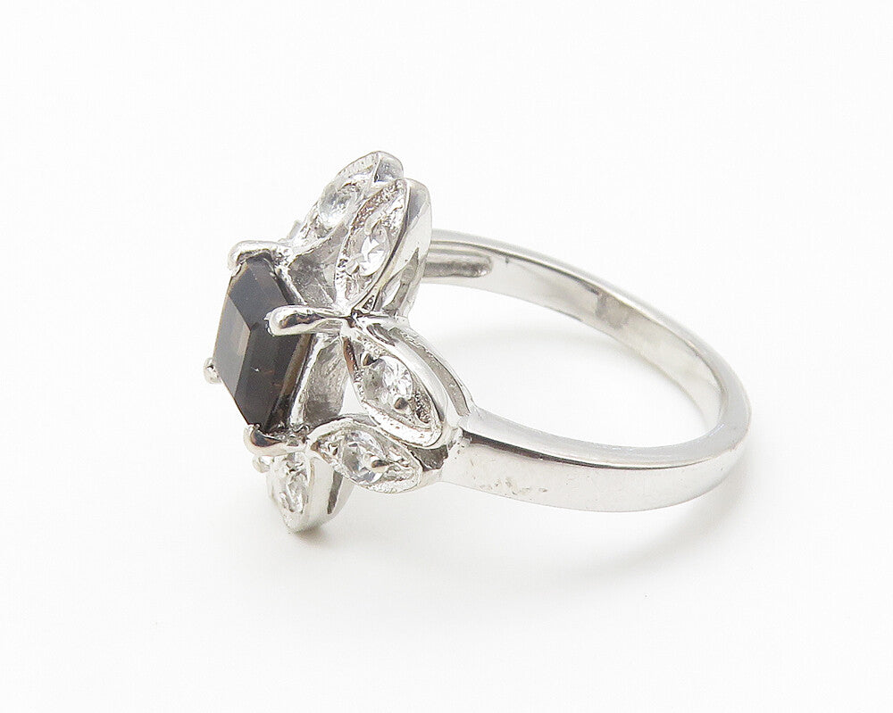 925 Sterling Silver Smoky Topaz Flower Motif Cocktail Ring Sz 8 RG10250