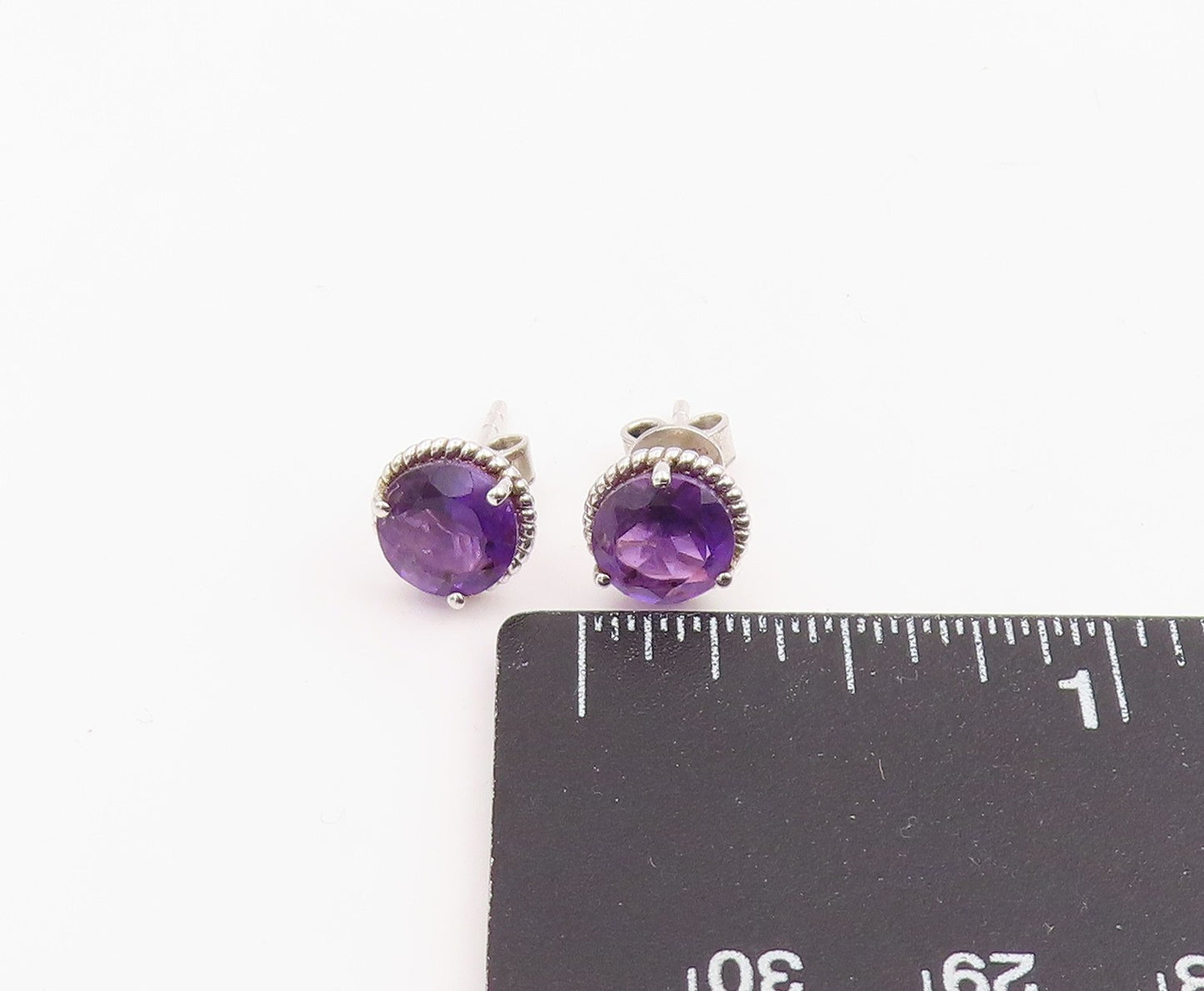 925 Sterling Silver Vintage Earrings Classic Amethyst Rope Bezel Studs EG14127