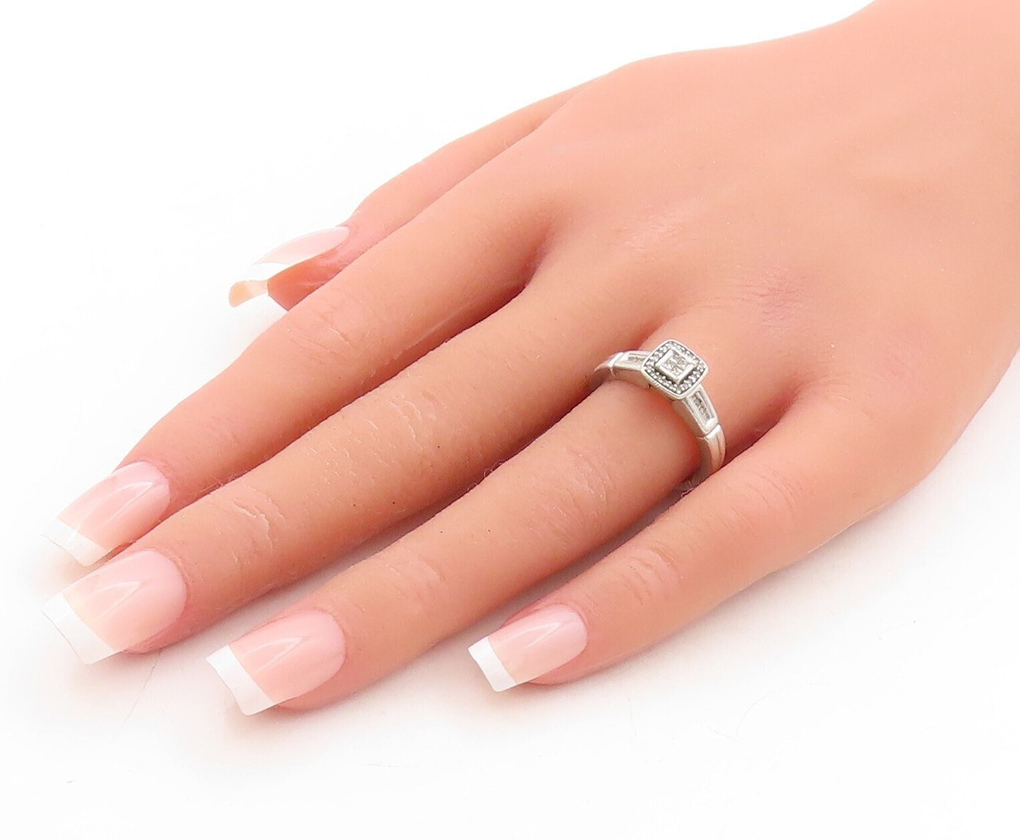 925 Sterling Silver Vintage Ring Solid Square Real Diamonds Sz 7 RG31335