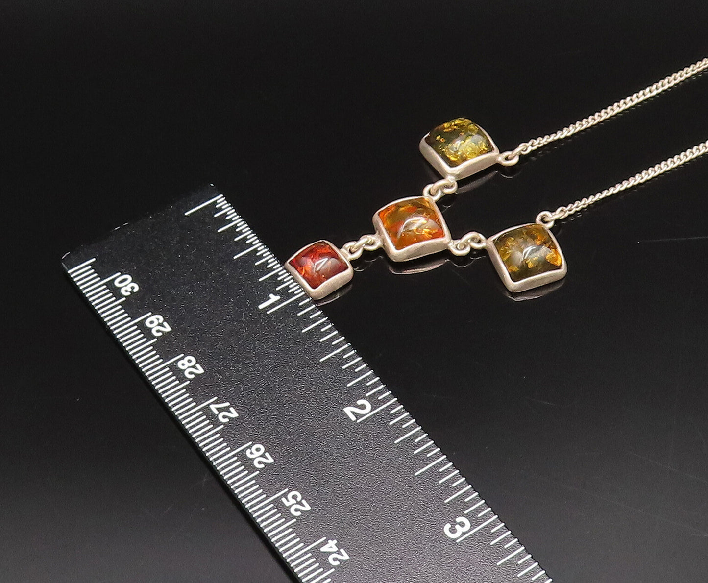 925 Sterling Silver Vintage Cabochon Square Amber Y Drop Necklace NE3953