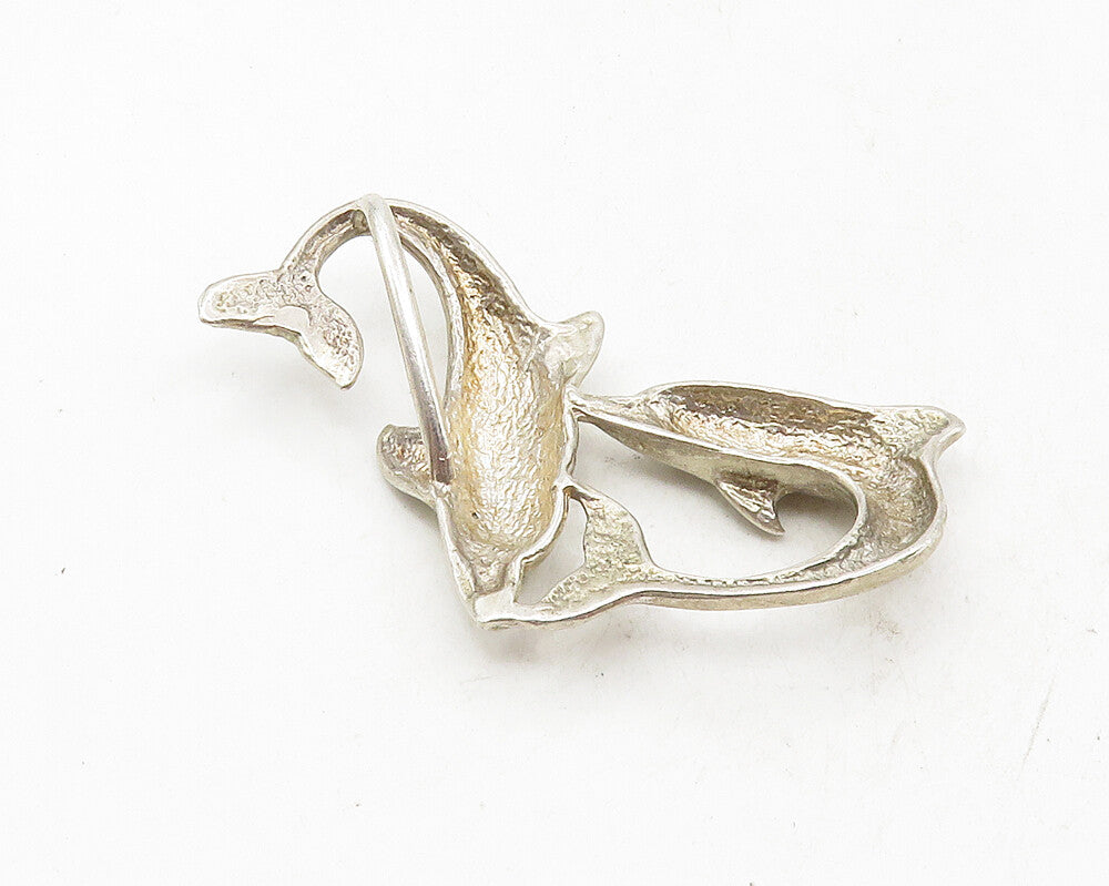 925 Sterling Silver Vintage Shiny Smooth Swimming Dolphins Pendant PT7358