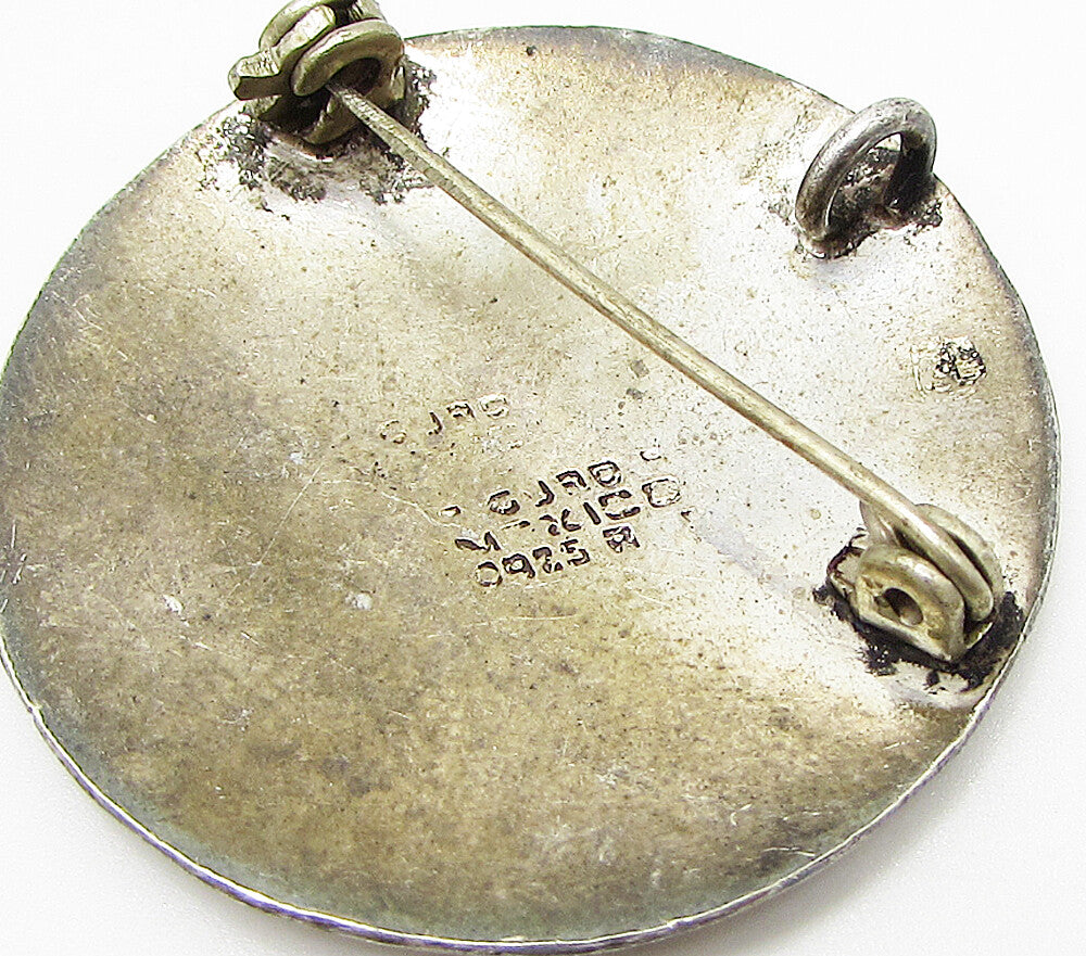 MEXICO 925 Silver Vintage Carved View Picture Pendant Brooch Pin BP1011