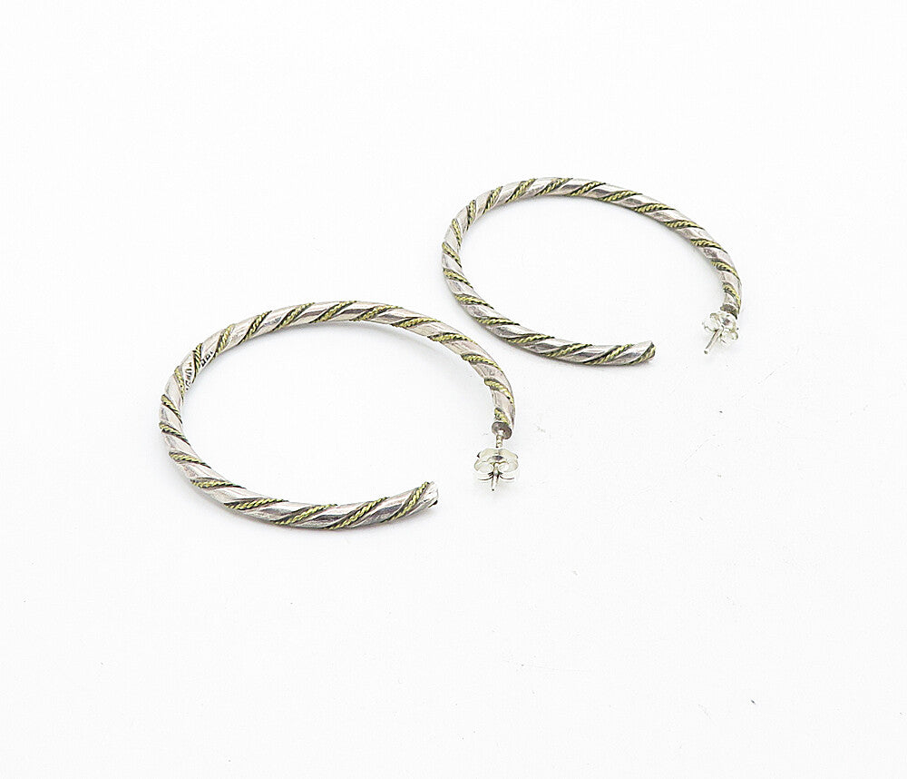 MEXICO 925 Sterling Silver Vintage 2 Tone Rope Twist JHoop Earrings EG4173