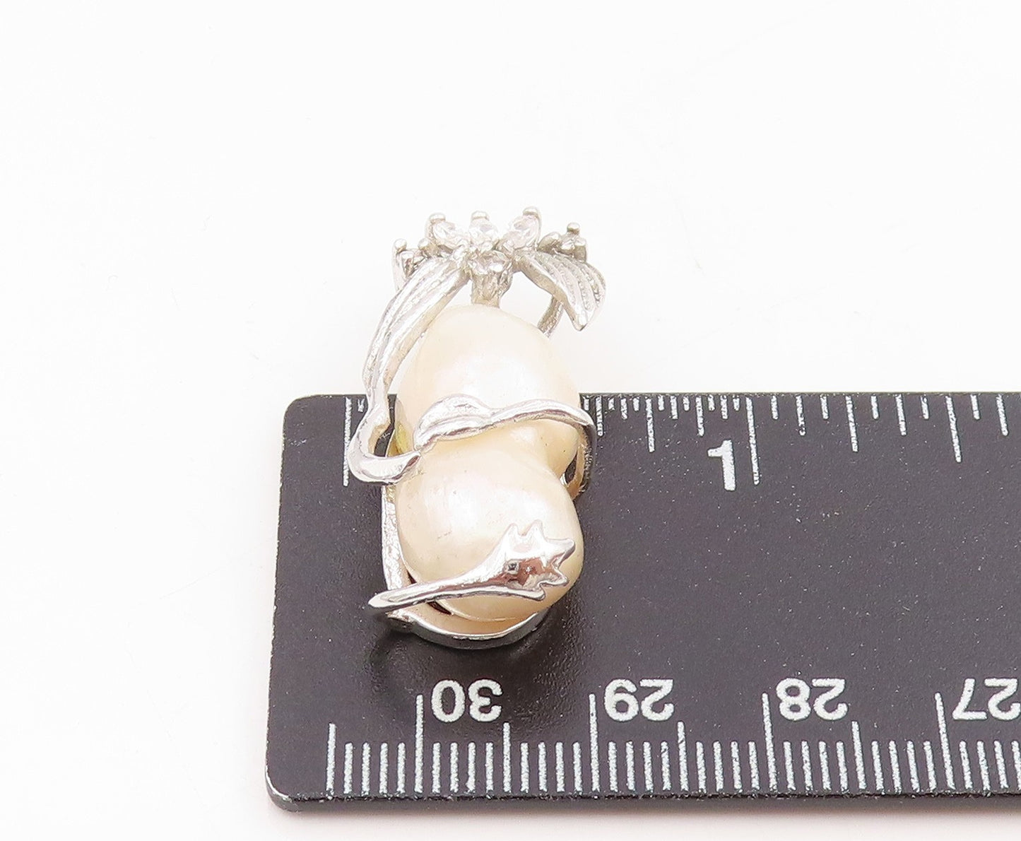 925 Sterling Silver Vintage Pendant Classic Twin Pearl CZ Floral Charm PT25536