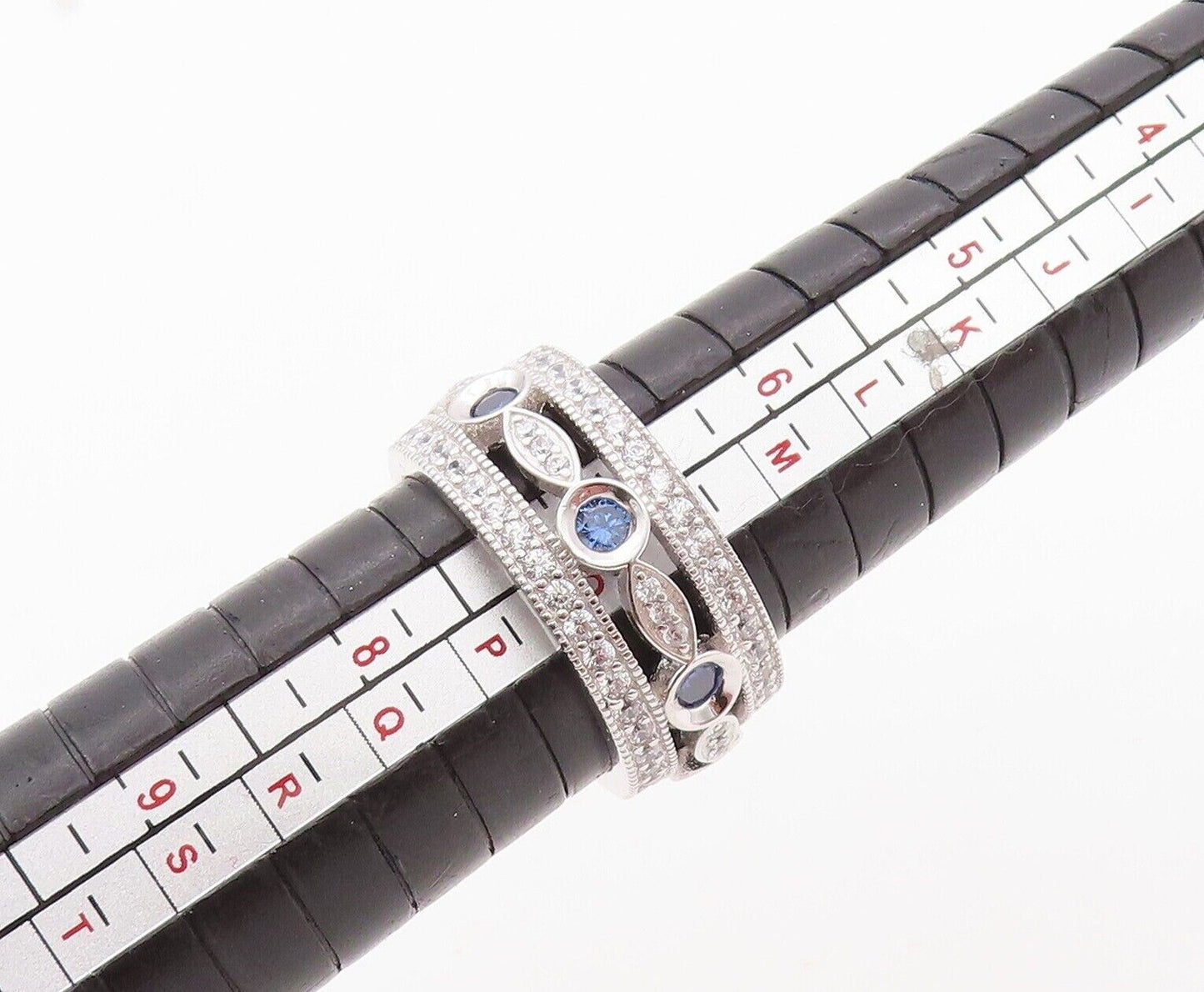 925 Sterling Silver Vintage Ring Cutout Band Sapphire & CZ Inlay Sz 7 RG29984